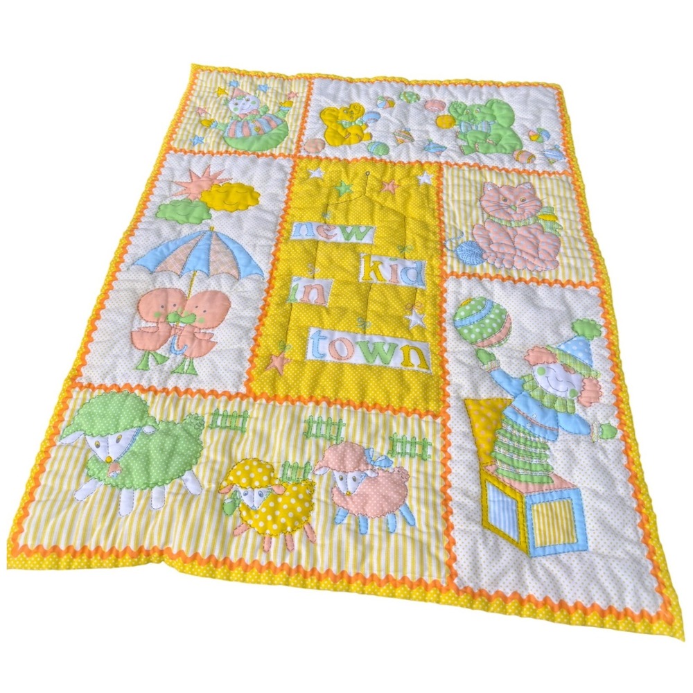 Vintage Baby Quilt Kids OS Yellow Kid In Town Patchwork Blanket